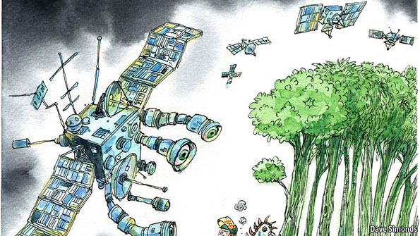 Monitoring forests: Seeing the world for the trees: An international deal on deforestation makes it ever more important to measure the Earth’s woodlands [image courtesy Dave Simonds/The Economist].